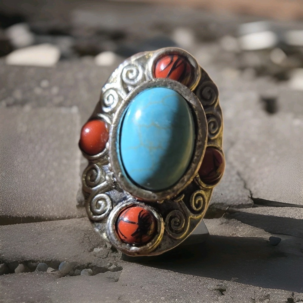 Native Southwest Adjustible Ring Torquoise Red Coral STUNNING Large Statement